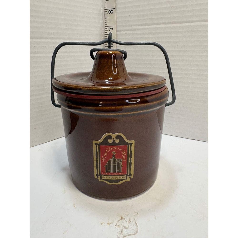 Pine Cheese Mart Brown Stoneware Crock with Wire Bale Handle and Lid Vintage